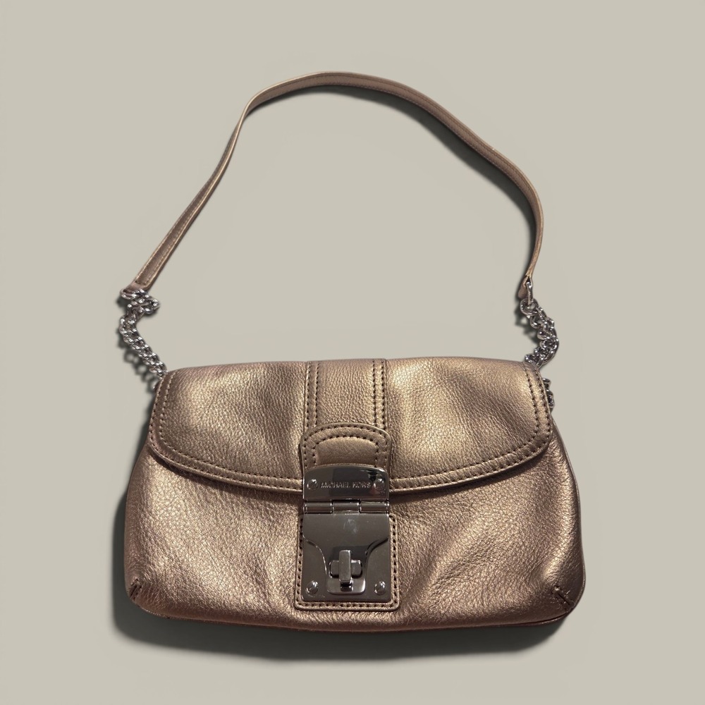Michael Kors Rose Gold Metallic Leather Shoulder Bag Chain Strap Push Lock Small